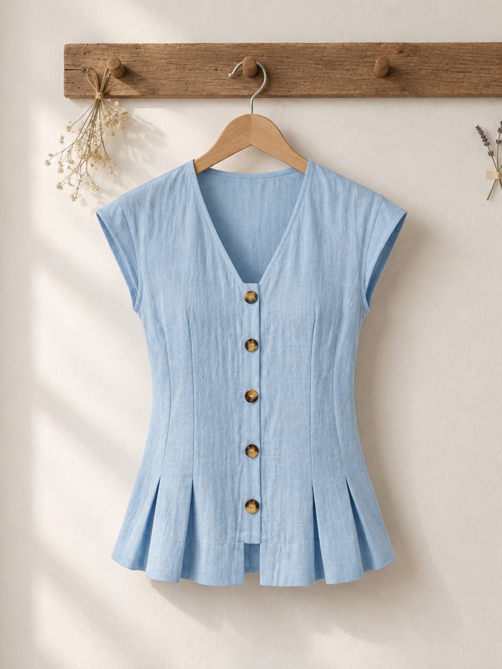 Women’s Light Blue Button-Front Cap Sleeve Blouse